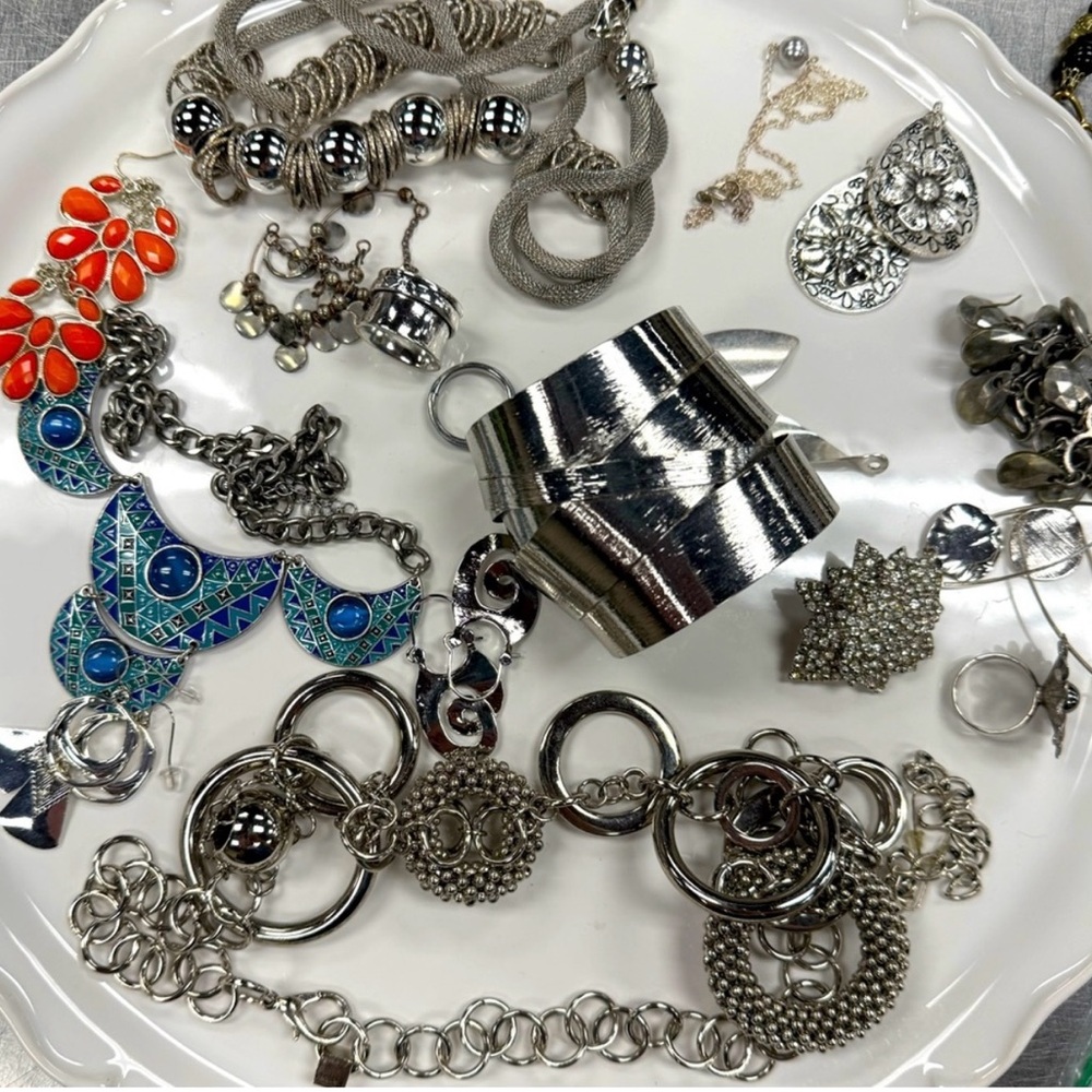 Jewelry Treasure Hunt Bundle Silver Tone 2 lbs Wearable Pieces + Craft Remnants